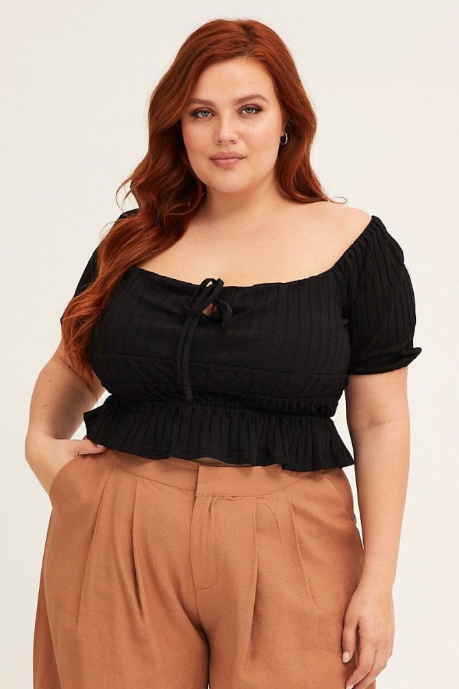 Black Short Sleeve Rib Jersey Peplum Top