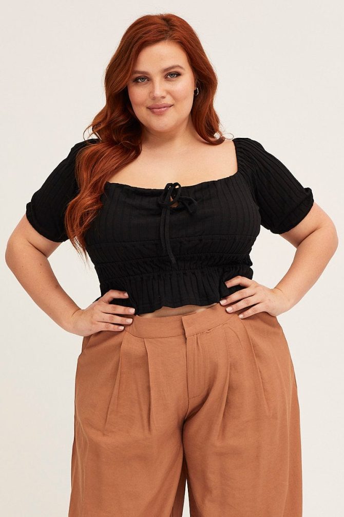 Black Short Sleeve Rib Jersey Peplum Top