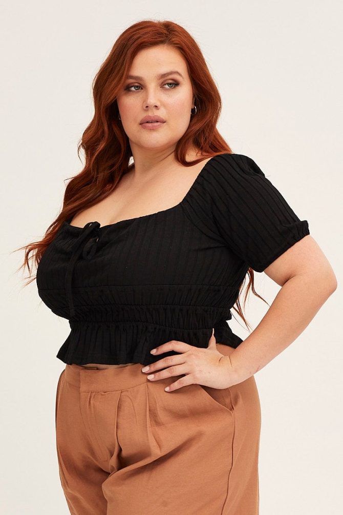 Black Short Sleeve Rib Jersey Peplum Top
