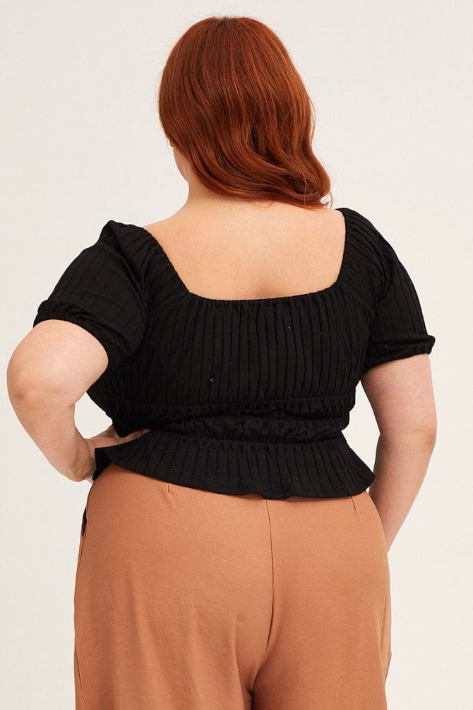Black Short Sleeve Rib Jersey Peplum Top