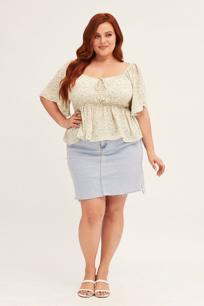 Floral Print Peplum Top Short Sleeve Ruched