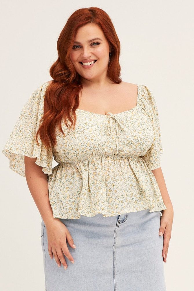 Floral Print Peplum Top Short Sleeve Ruched