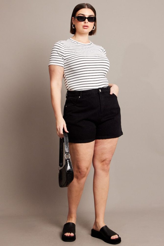 White Stripe Bodysuit Short Sleeve Crew Neck Supersoft