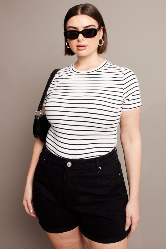 White Stripe Bodysuit Short Sleeve Crew Neck Supersoft