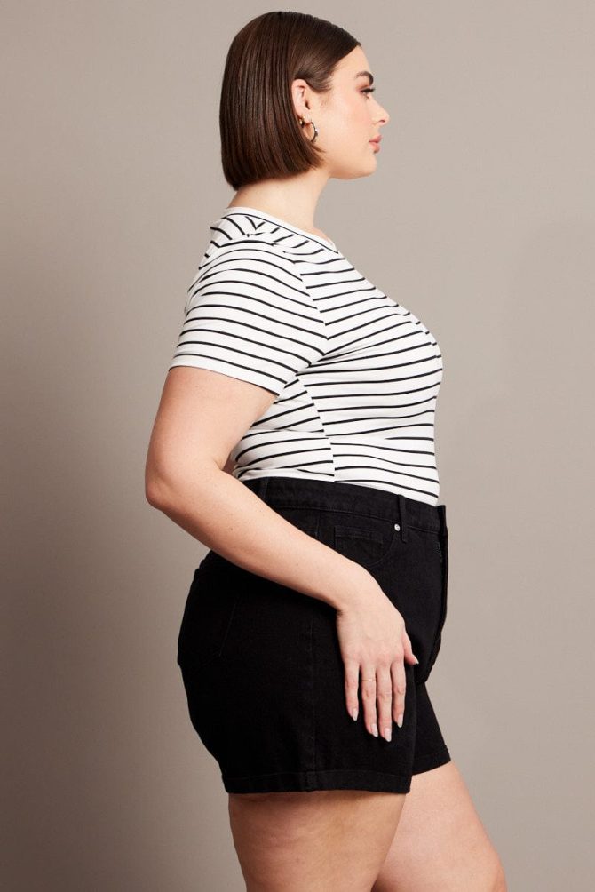 White Stripe Bodysuit Short Sleeve Crew Neck Supersoft