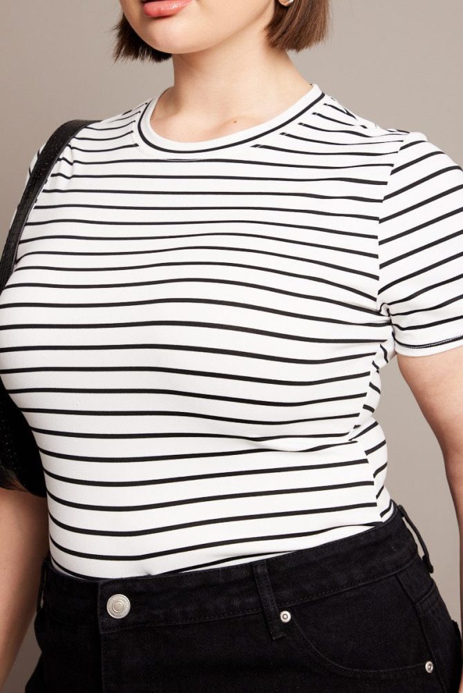 White Stripe Bodysuit Short Sleeve Crew Neck Supersoft