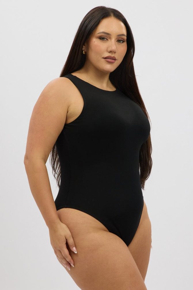 Black Bodysuit Sleeveless Boat Neck Modal