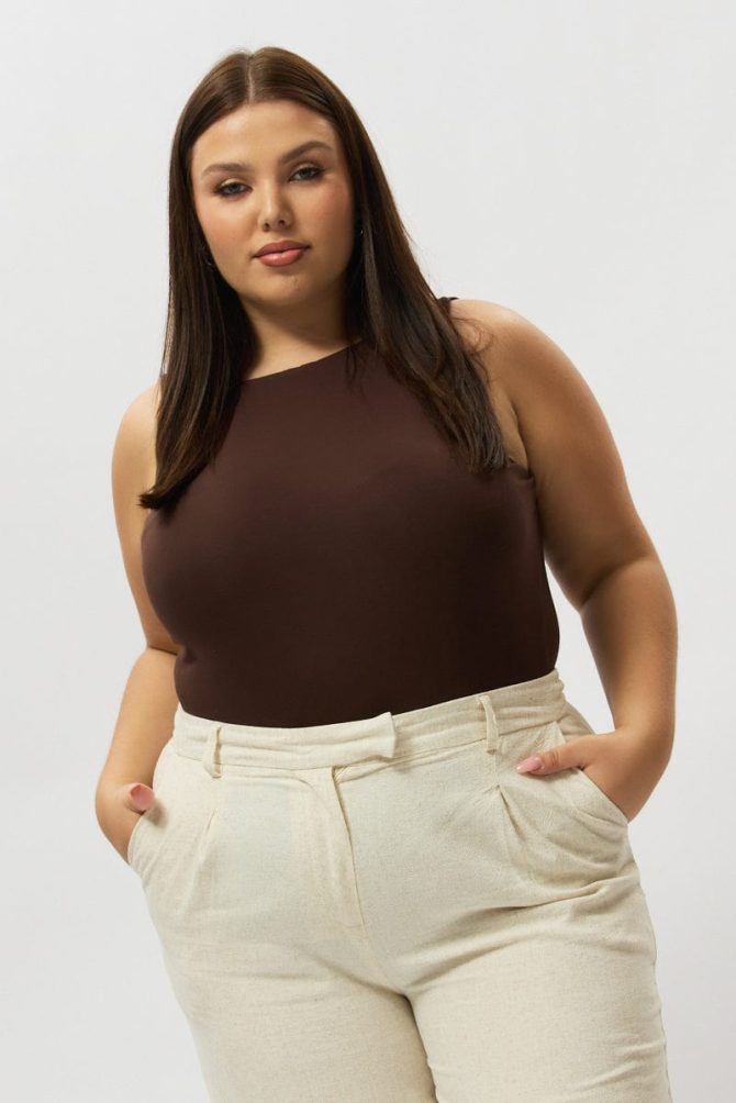 Brown Bodysuit Sleeveless Boat Neck Modal