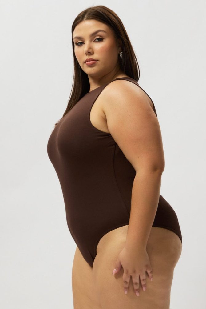 Brown Bodysuit Sleeveless Boat Neck Modal