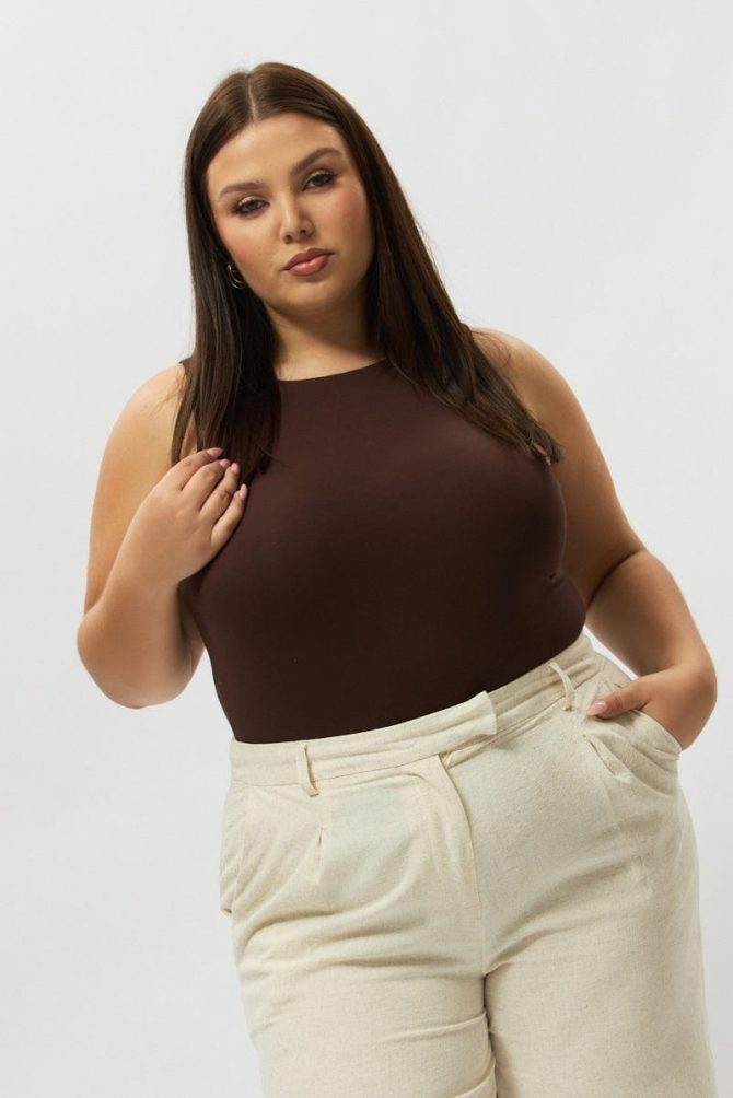 Brown Bodysuit Sleeveless Boat Neck Modal