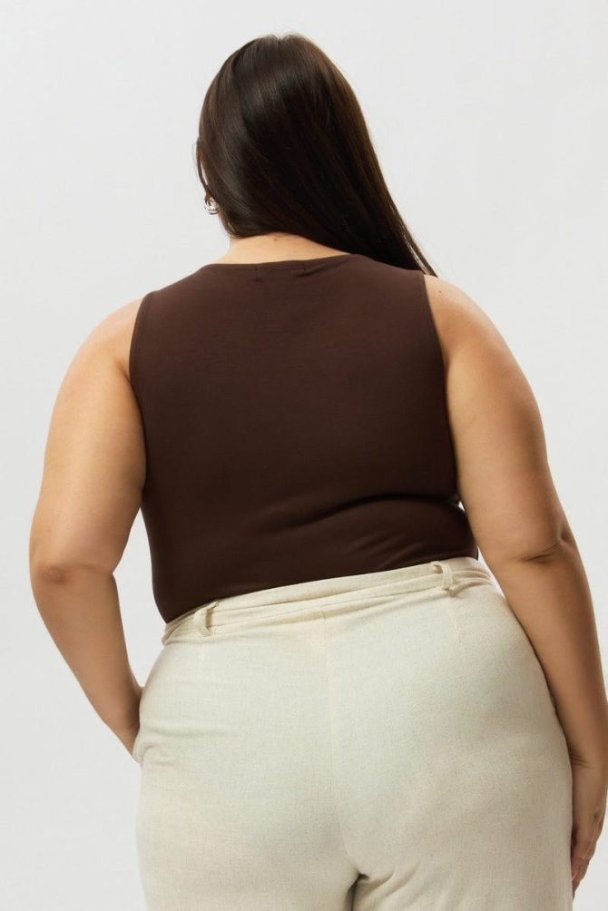 Brown Bodysuit Sleeveless Boat Neck Modal