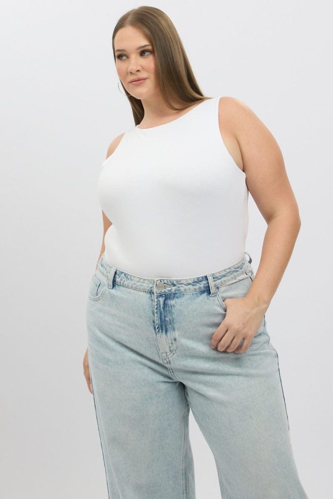 White Bodysuit Sleeveless Boat Neck Modal