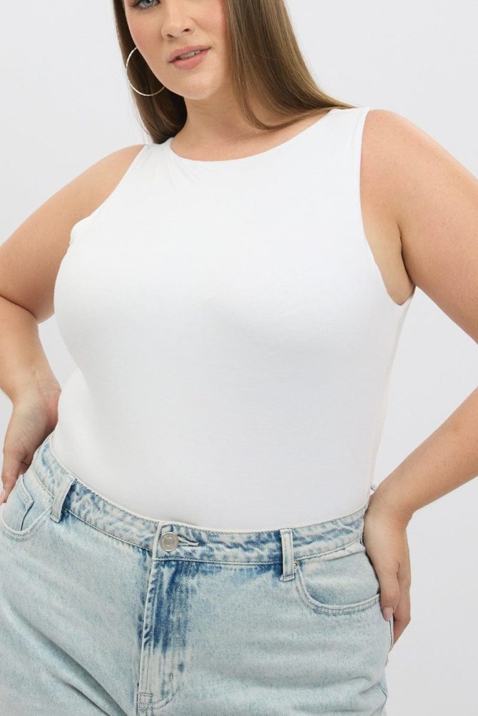 White Bodysuit Sleeveless Boat Neck Modal