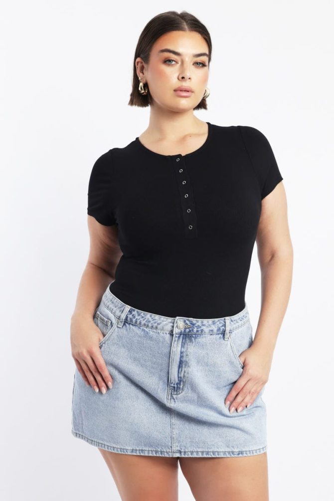 Black Bodysuit Short Sleeve Button down