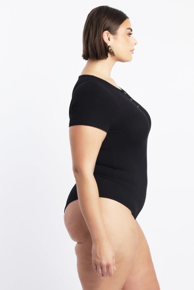 Black Bodysuit Short Sleeve Button down