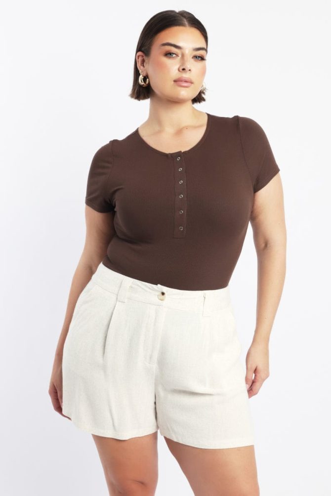 Brown Bodysuit Short Sleeve Button down
