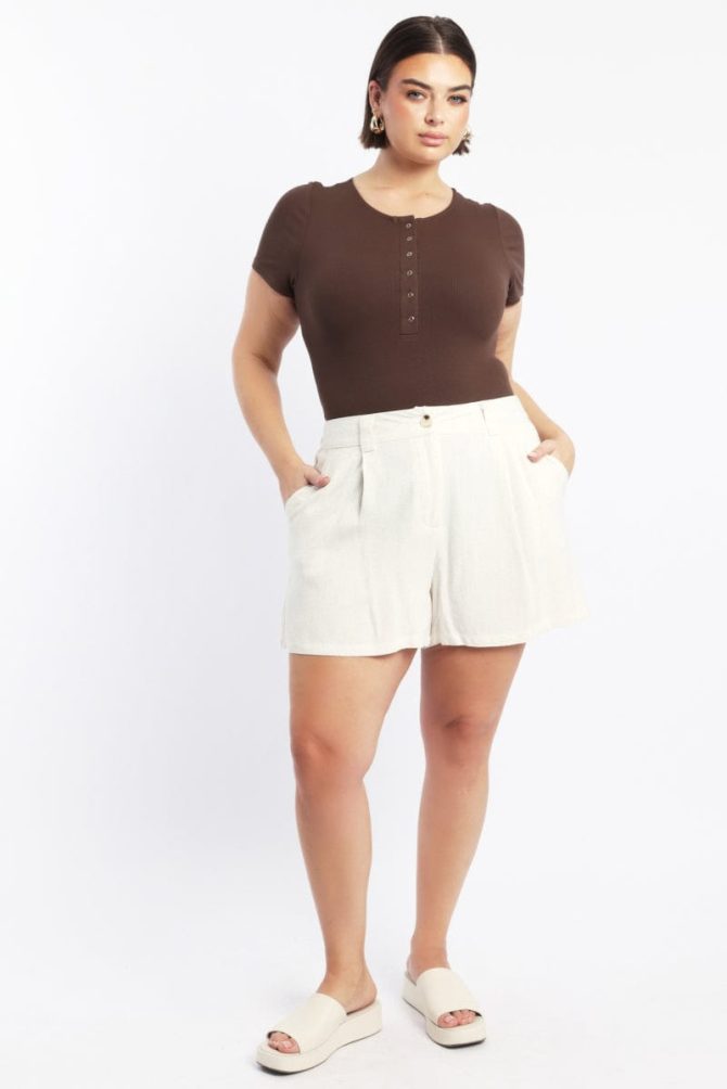 Brown Bodysuit Short Sleeve Button down