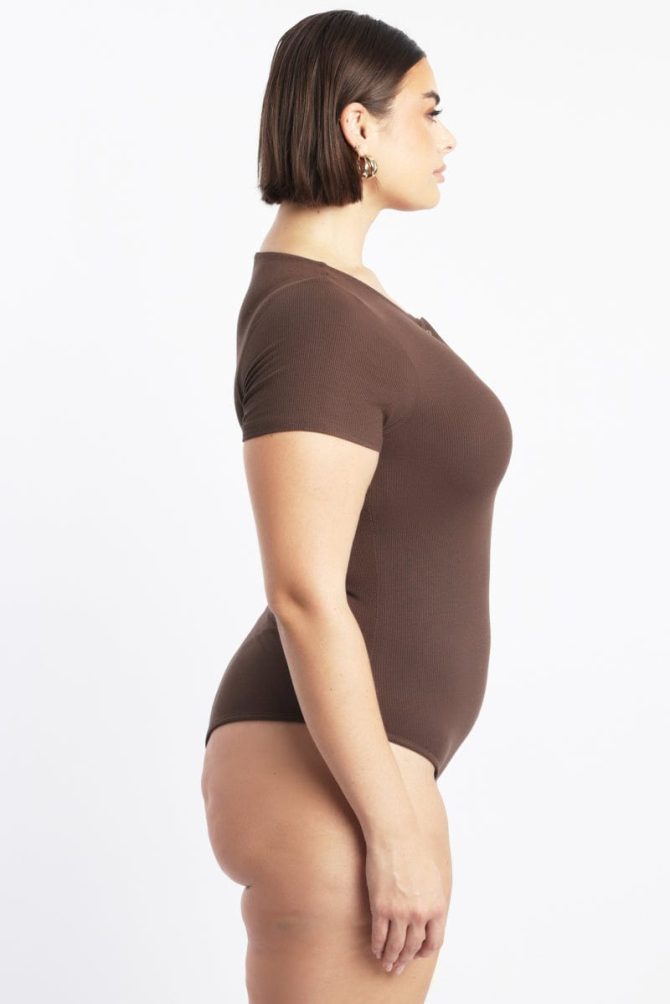 Brown Bodysuit Short Sleeve Button down