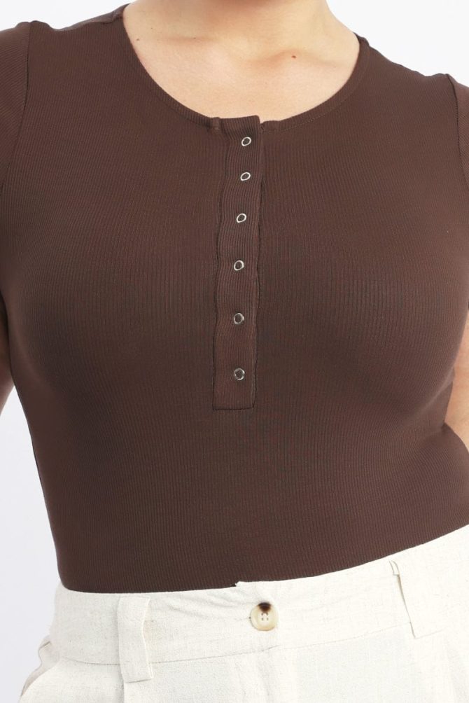 Brown Bodysuit Short Sleeve Button down