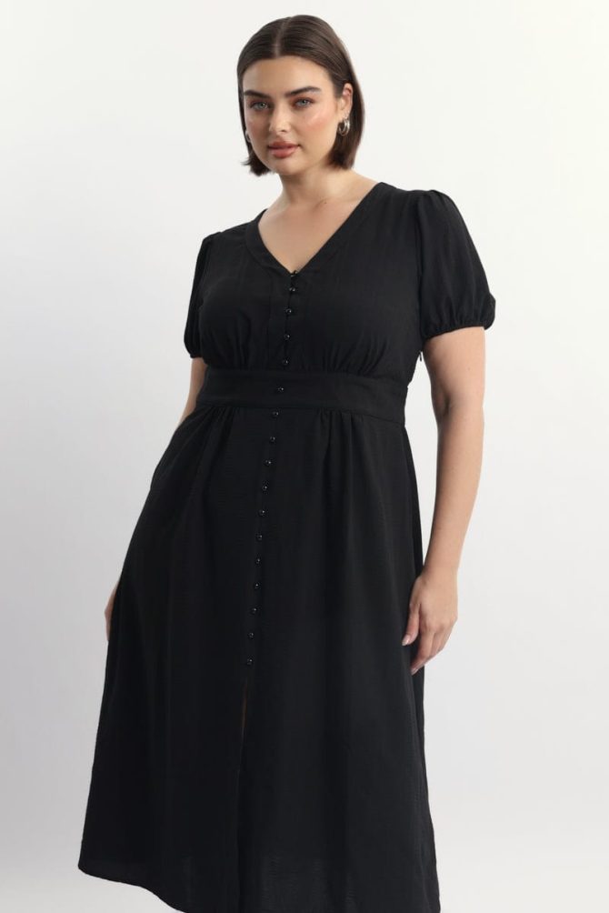 Black Midi Dress Short Sleeve V-Neck Textured