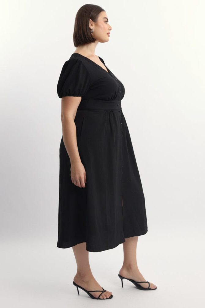 Black Midi Dress Short Sleeve V-Neck Textured