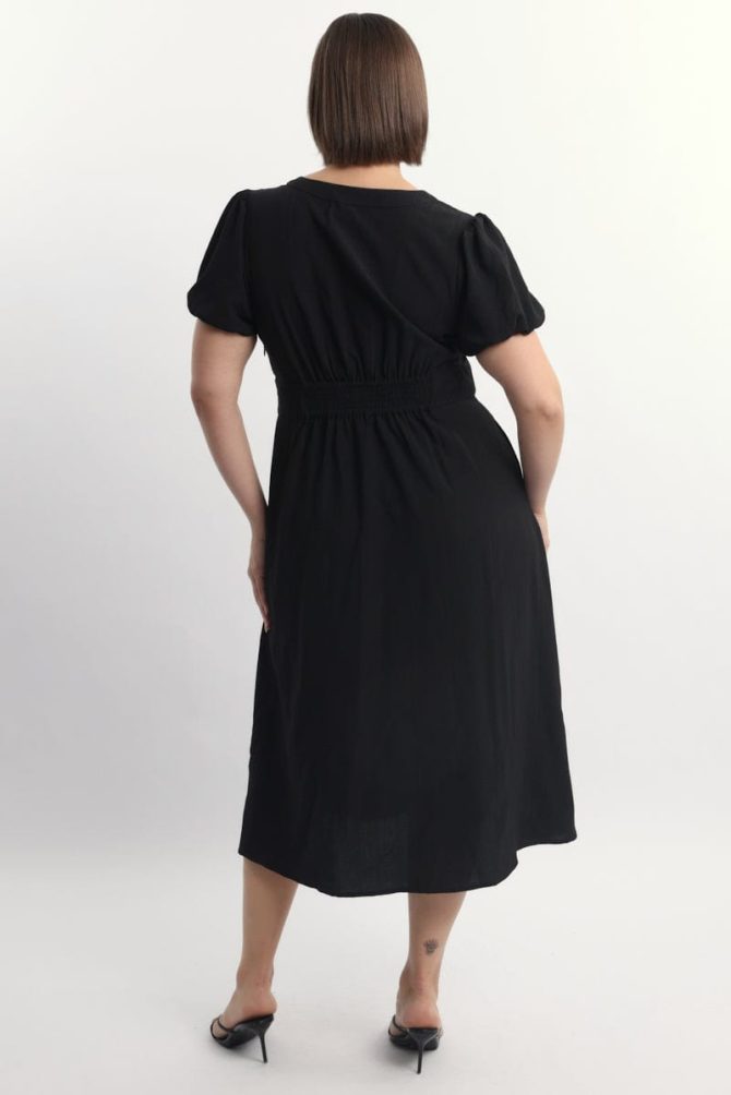 Black Midi Dress Short Sleeve V-Neck Textured