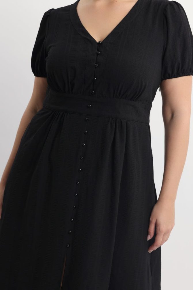 Black Midi Dress Short Sleeve V-Neck Textured