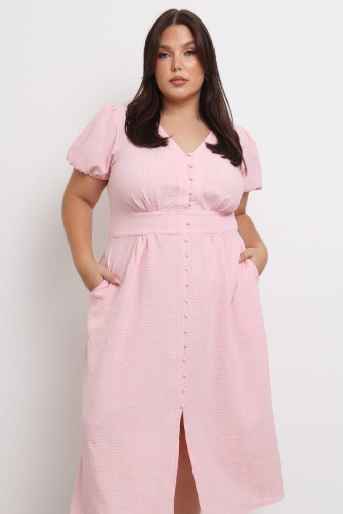 Pink Midi Dress Short Sleeve V-Neck Textured