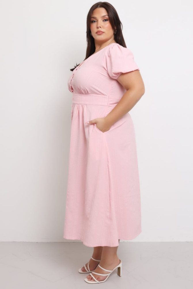 Pink Midi Dress Short Sleeve V-Neck Textured