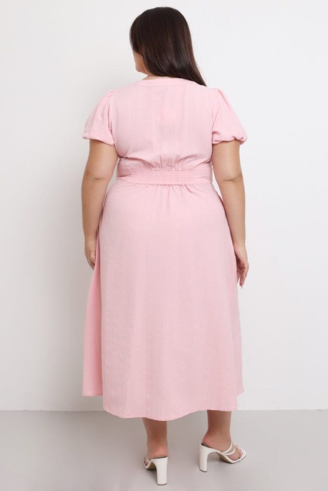 Pink Midi Dress Short Sleeve V-Neck Textured