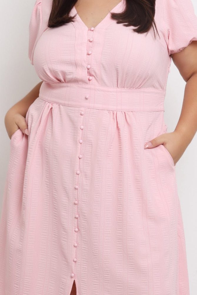 Pink Midi Dress Short Sleeve V-Neck Textured