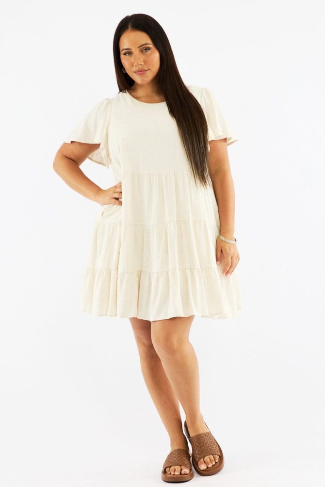 Beige Flared Sleeve Tiered Mini Dress