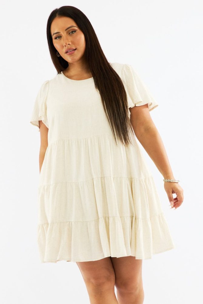 Beige Flared Sleeve Tiered Mini Dress