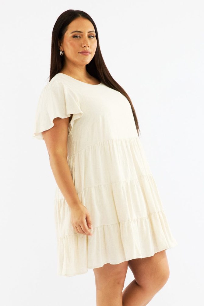 Beige Flared Sleeve Tiered Mini Dress