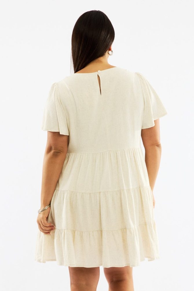 Beige Flared Sleeve Tiered Mini Dress