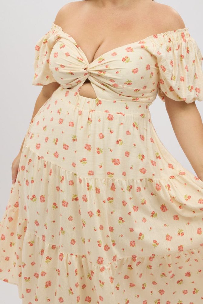 Pink Floral Midi Dress Short Sleeve Floral Twist Front