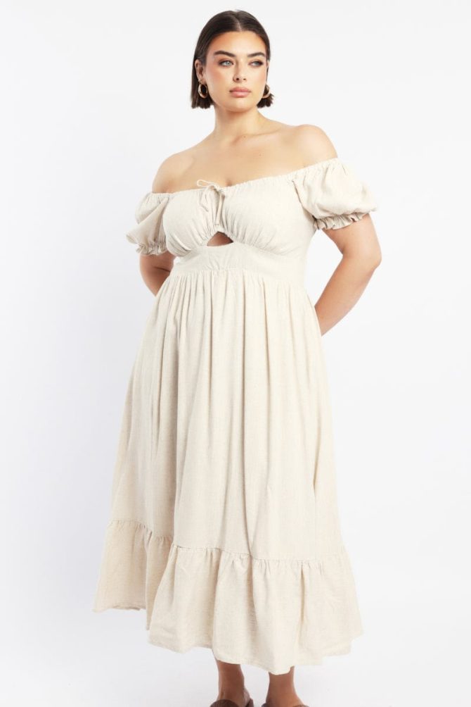 Beige Midi Dress Short Sleeve Cut Out Linen Blend
