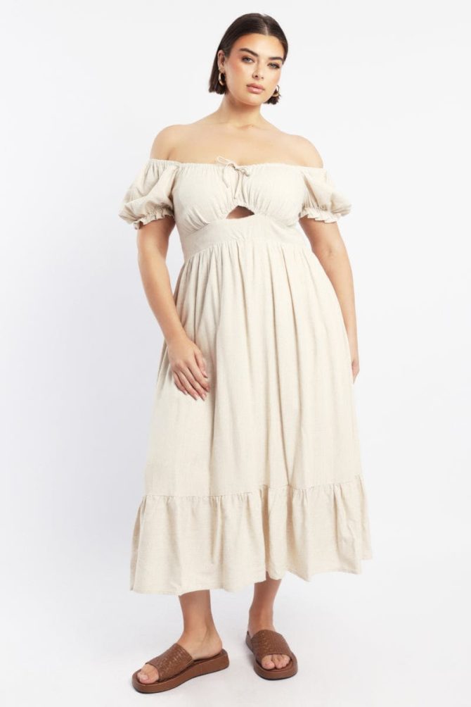 Beige Midi Dress Short Sleeve Cut Out Linen Blend