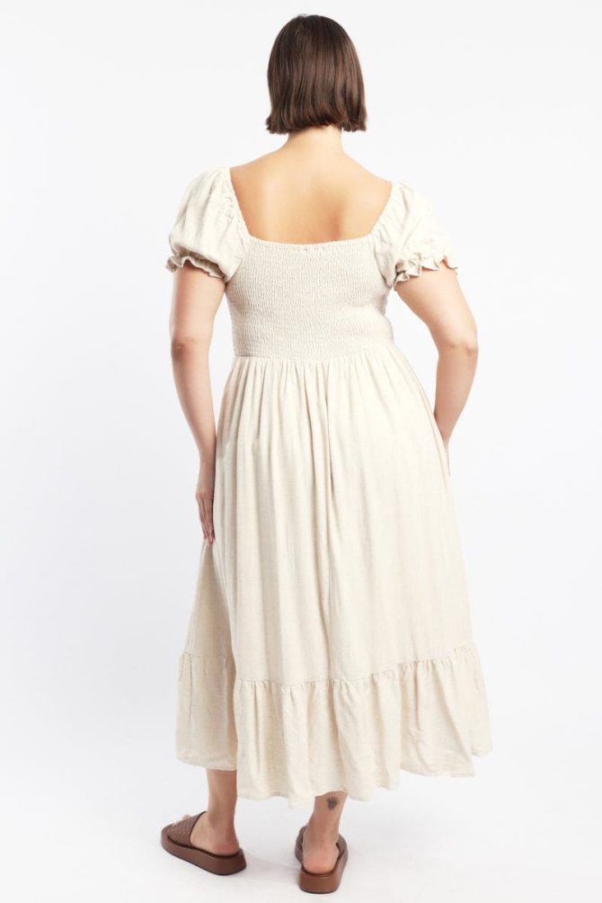 Beige Midi Dress Short Sleeve Cut Out Linen Blend