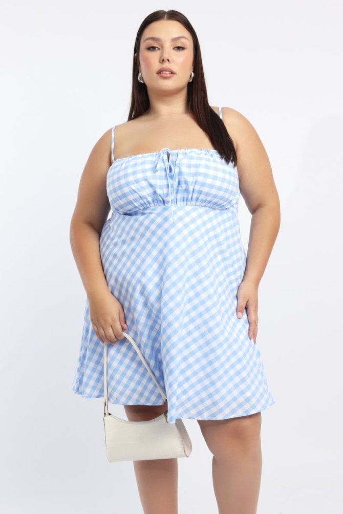 Blue Check Gingham Gather Bust Mini Dress