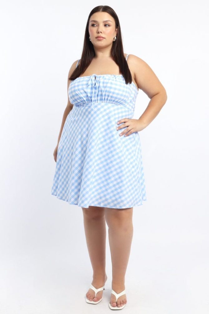 Blue Check Gingham Gather Bust Mini Dress