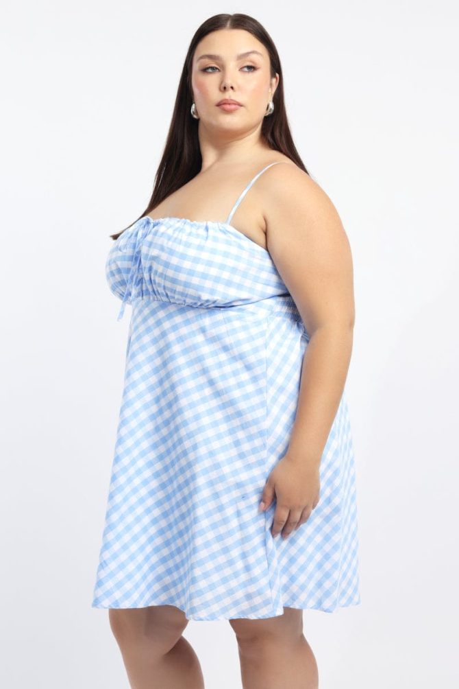 Blue Check Gingham Gather Bust Mini Dress