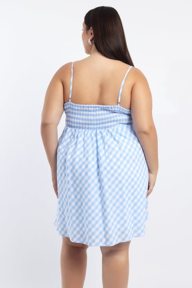 Blue Check Gingham Gather Bust Mini Dress