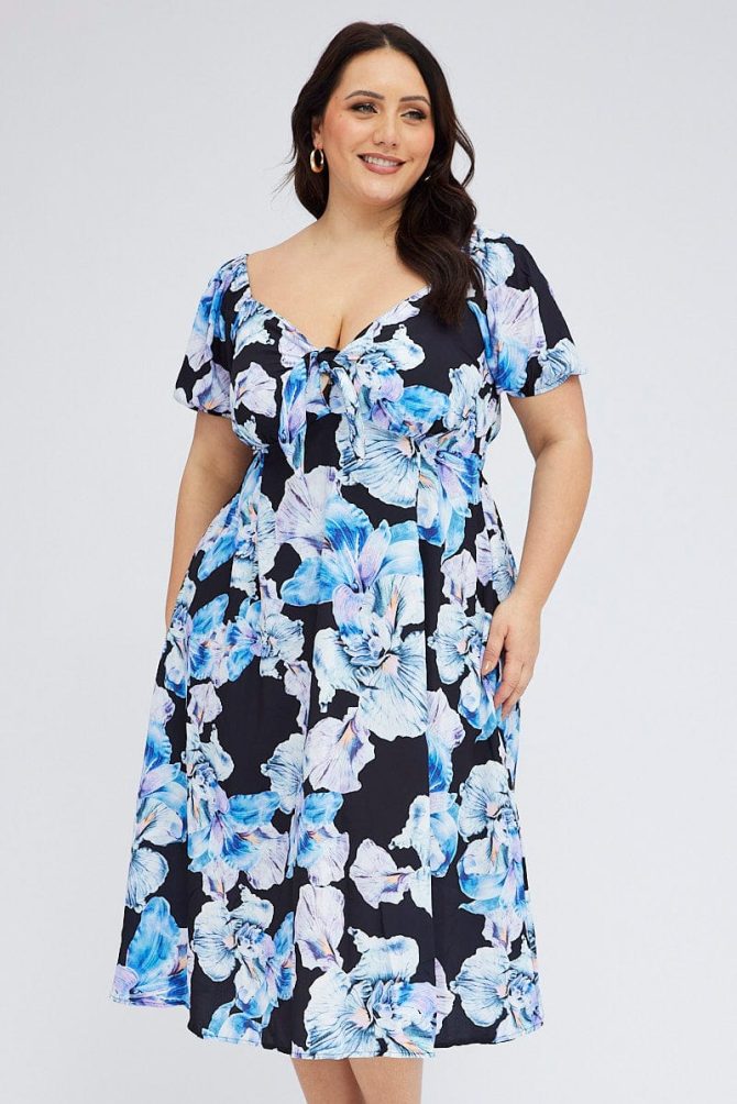 Black Floral Midi Dress Tie Front Puff Sleeve