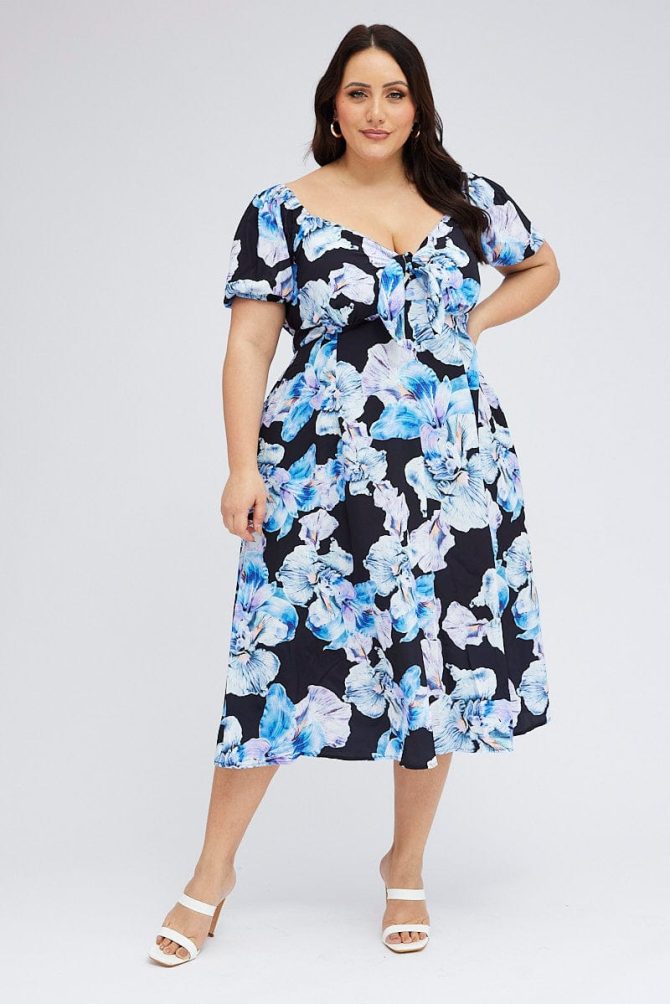 Black Floral Midi Dress Tie Front Puff Sleeve