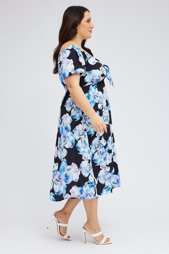 Black Floral Midi Dress Tie Front Puff Sleeve