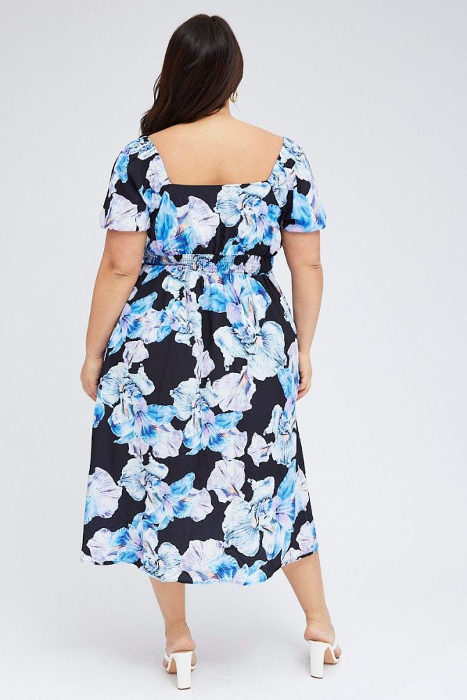 Black Floral Midi Dress Tie Front Puff Sleeve