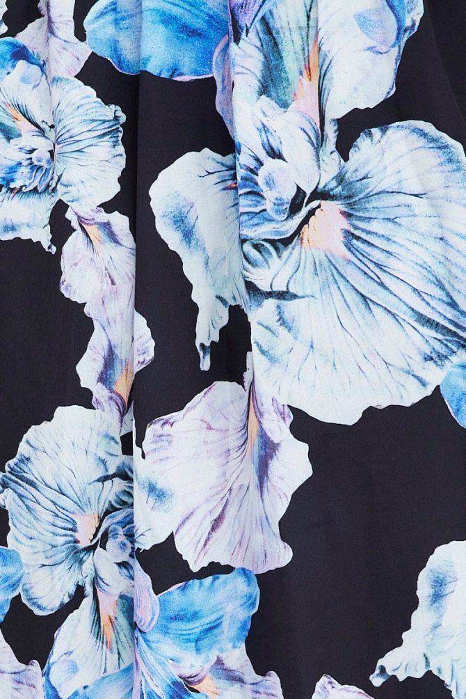 Black Floral Midi Dress Tie Front Puff Sleeve