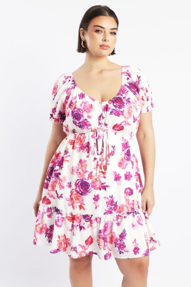 Pink Floral Frill Drawstring Bust Detail Mini Dress