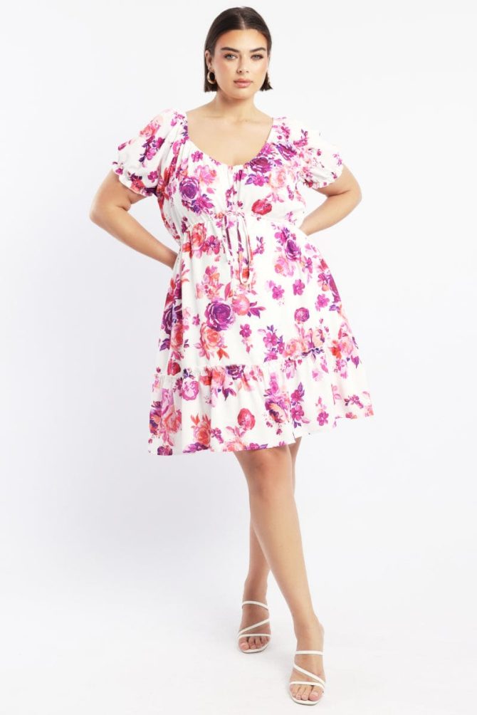 Pink Floral Frill Drawstring Bust Detail Mini Dress